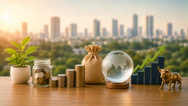 Mutual fund investment concept with growing coins, market growth chart, globe, and wealth-building