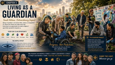 Diverse community volunteers planting trees and cleaning a city park to create a positive ripple effect.
