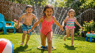 Kids running through the sprinkler in the backyard.