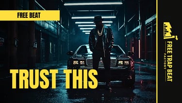 Cinematic trap beat thumbnail, man in leather jacket and luxury car in dark neon alley, "TRUST THIS" yellow text.