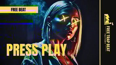 Urban hip hop thumbnail, woman with glowing yellow eyes and smoke effect, "PRESS PLAY" bold typography.