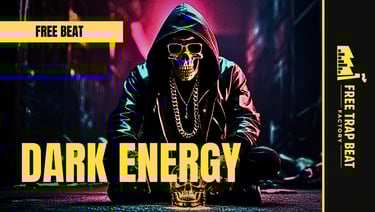 Dark trap type beat art, hooded skull figure with gold chains and red/blue lighting, "DARK ENERGY" t