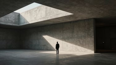 Cinematic anamorphic 2.39:1 still of a lone figure standing in a vast concrete modernist architectural space, harsh dramatic chiaroscuro shadows.