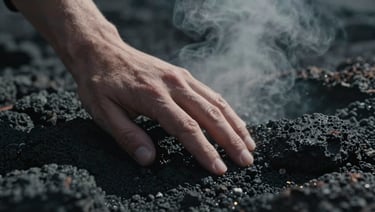 Cinematic 2.39:1 anamorphic close-up of a hand touching raw volcanic rock, dramatic low-key lighting, steam rising in the background.