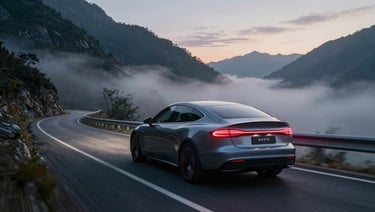 Cinematic 2.39:1 anamorphic still of a luxury electric vehicle speeding through a misty neon-lit mountain pass at dusk, motion blur, deep red taillight trails.