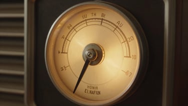 Close detail of a vintage radio dial glowing amber-gold, tuning needle resting on a frequency mark, warm studio light from the side, shallow depth of field