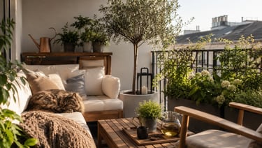 Sunlit indoor-outdoor living space with natural wood furniture, woven textures, botanical details an