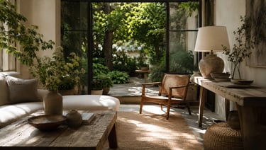 Cozy indoor-outdoor living space with natural materials, warm sunlight, layered greenery and timeles