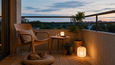 Cozy evening balcony with wooden chair, soft lantern light, plants and a resting cat in warm Nordic 