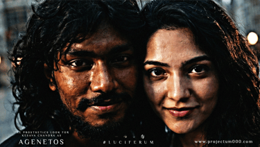 behind-the-scenes shot of actors Kesava Chandra, in heavy facial prosthetics as the character AGENETOS, and Vedheswari.