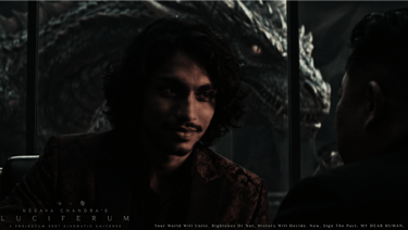 Kesava Chandra as Brahma Vardha facing the Supreme Comrade of the DPRK, Kim Jong Un, with his dragon behind in Luciferum