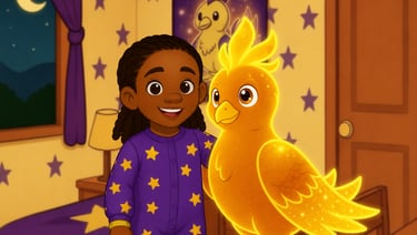 A smiling girl in star pajamas stands with a glowing yellow bird in a starry bedroom.