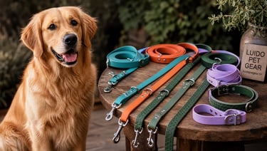 pas sjedi pored stola na kojem su raznobojni povodci i ogrlice luido pet gear