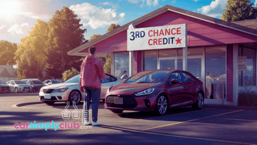 a man standing in front of a car dealership with a "3rd chance credit" sign