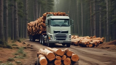 A snowy yard with tall stacks of lumber and wooden planks. Two people are visible, one near a cart filled with wood. The area is surrounded by tall, bare trees indicating a winter setting.