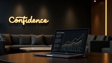 “Laptop with growth chart on desk and neon sign reading Confidence in background.