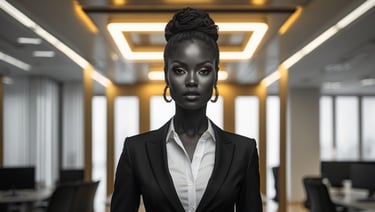 a woman in a suit and earrings standing in a room