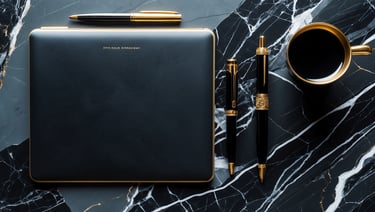 a notebook with a pen and a pen and a cup of coffee