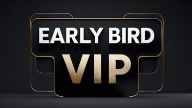 “Black and gold VIP badge promoting Early Bird ticket access for the Interview Like a CEO™ Bootcamp.