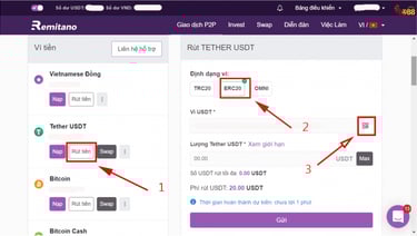 Rút tiền USDT từ Remitano