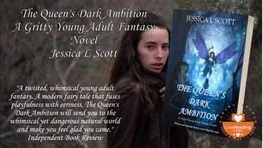 banner for the Queen's Dark Ambition, image of a girl looking at the viewer, an editorial review and bookcover