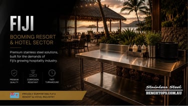 Premium restaurant work table and stainless steel benches Fiji overlooking a resort.