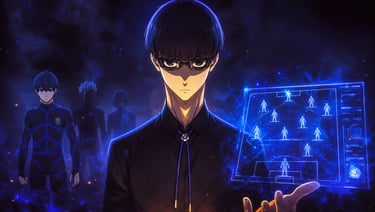 Jinpachi Ego from Blue Lock anime holding a glowing blue digital soccer formation holographic display screen.