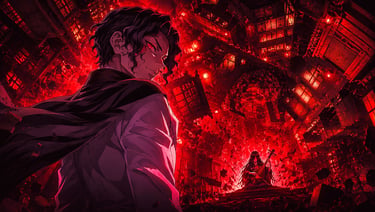 Muzan Kibutsuji and Nakime in the Infinity Castle from Demon Slayer with intense red lighting.