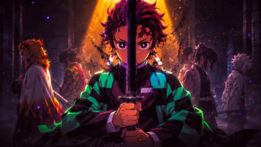 Tanjiro Kamado holds a katana in front of the Hashira in this cinematic Demon Slayer anime wallpaper.