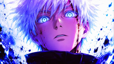 Satoru Gojo from Jujutsu Kaisen with glowing blue Six Eyes and white hair in a battle pose.