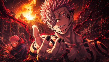 Ryomen Sukuna and Yuji Itadori anime artwork featuring fiery city destruction and cursed energy effects.