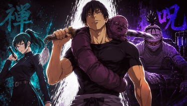 Jujutsu Kaisen wallpaper featuring Toji Fushiguro, Maki Zenin, and Kokichi Muta in a stylized anime art style.