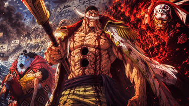 Whitebeard stands wounded at Marineford with Akainu, Luffy, and Jimbei in an intense One Piece anime battle scene.