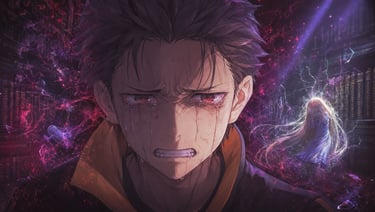 Ilustração de Subaru Natsuki chorando na Biblioteca dos Mortos em Re:ZERO