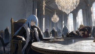 Ilustração de Rimuru Tempest analisando um mapa em sala tática de Slime