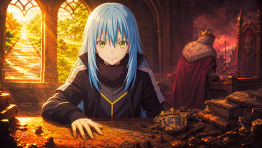 Ilustração de Rimuru Tempest analisando um mapa em sala tática de Slime
