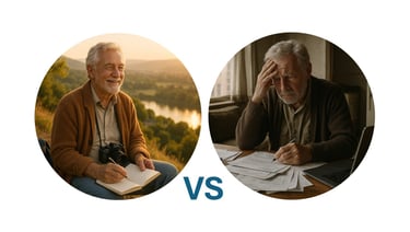 Compara a una persona de la tercera edad disfrutando la vida contra  el mismo sin dinero