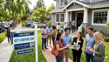 Real estate agent showing a grey family home to buyers during a busy open house event.