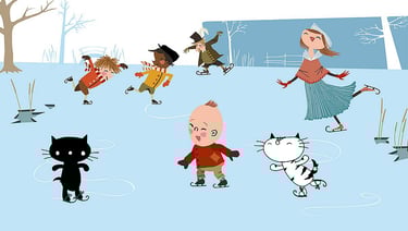 a cartoonish illustration of a child and pim and pom