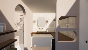 Transformation de salle de bain, dans les tons beige et marron avec formes arrondies