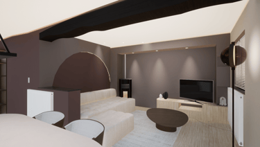 Photo après transformation d'un salon taupe, avec un canapé beige et des éléments sur mesure taupe