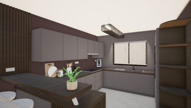 Photo après transformation, d'une cusine taupe et marron avec bardage et plan de travail en bois