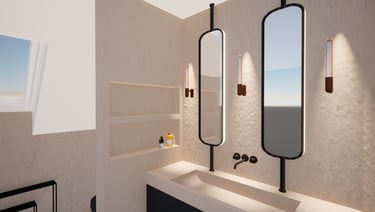 Rénovation d'une salle de bain avec un évier encastré et des miroirs surmontés de luminaires muraux