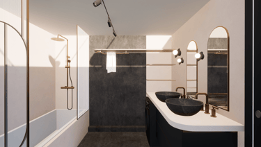 Salle de bain après transformation avec du carrelage gris foncé et des teintes de beige et doré