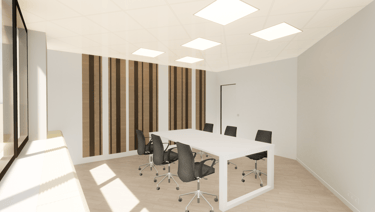 Transformation de bureaux avec des mobiliers, des panneaux acoustiques et de grandes baies vitrées