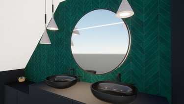 Rénovation d'une salle de bain avec deux vasques et un miroir surmonté de luminaires suspendus