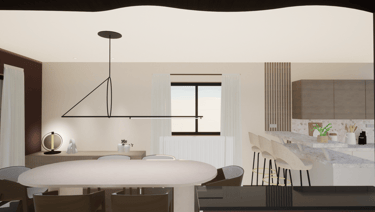 Photo après transformation, d'une salle à manger dans les tons beige avec un luminaire contemporain