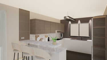 Image d'une cuisine après conception, dans les teintes taupe et beige