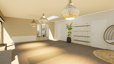 Projet d'aménagement de la boutique Cozybee avec un espace détente chaleureux pour les cours de yoga