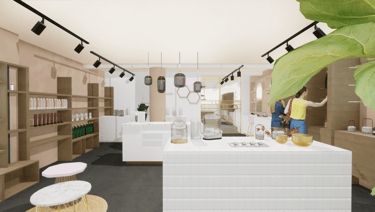 Projet d'aménagement de la boutique Cozybee avec mobiliers sur-mesure et éclairages
